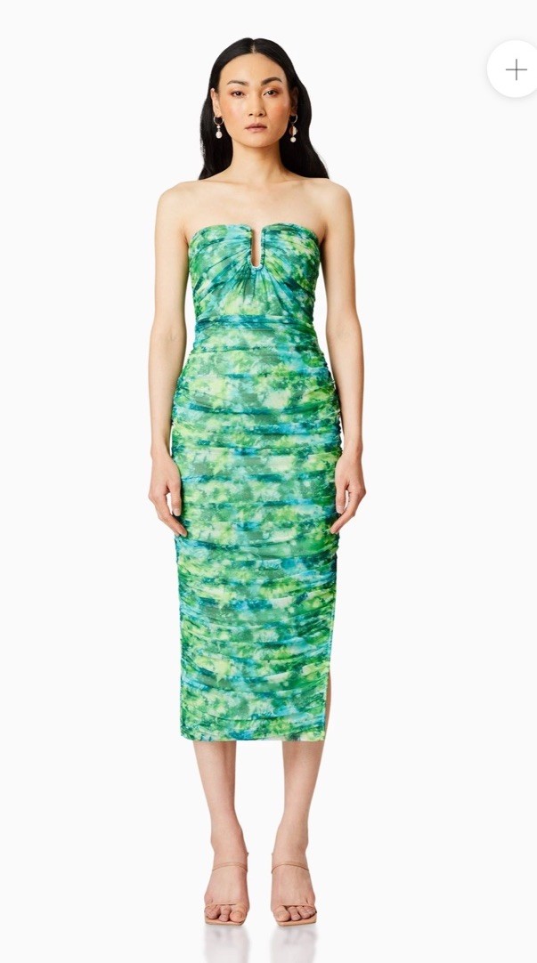 Elliatt Larkspur Strapless Green Ruched Midi Dress