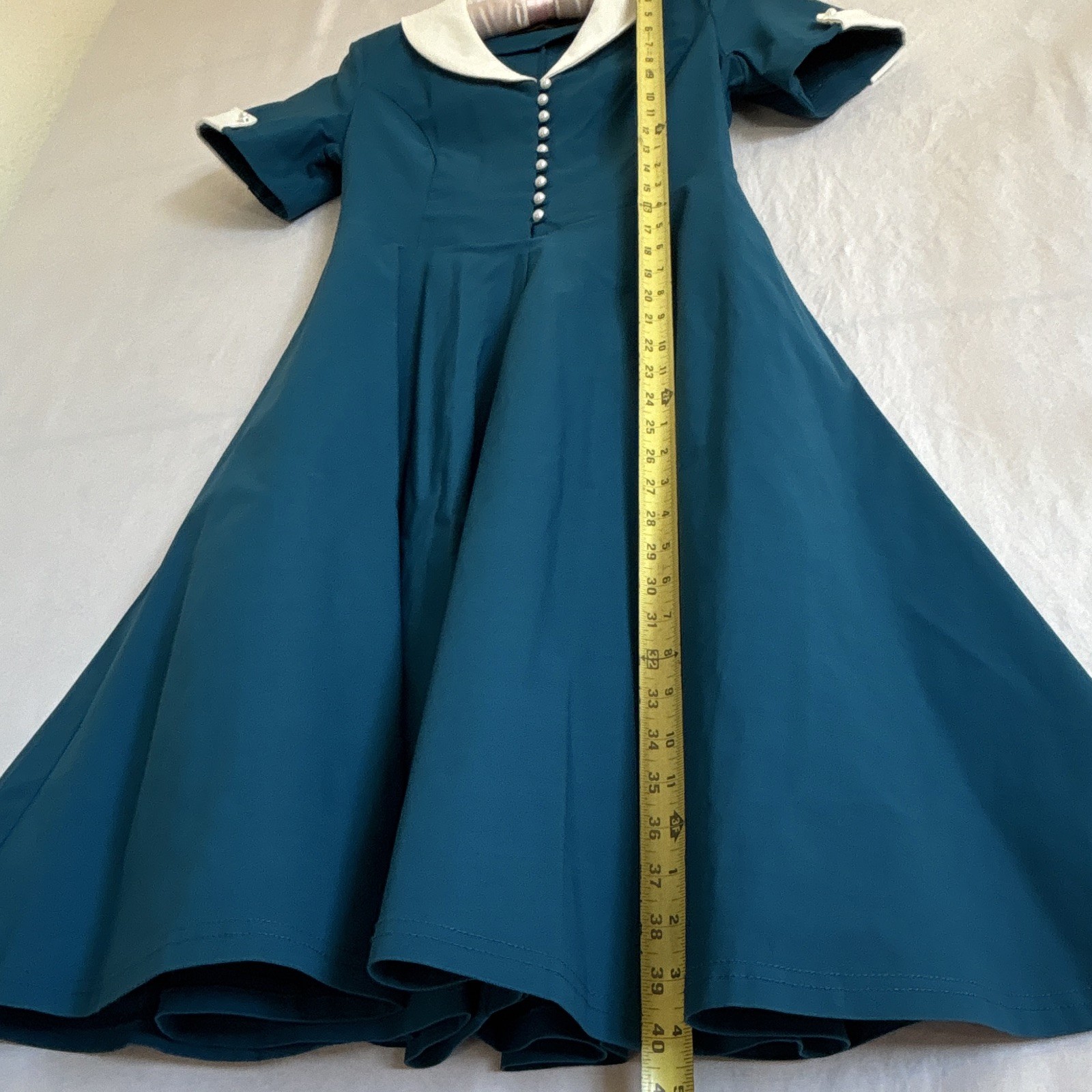 Gown Town Blue & White V-Neck Fit & Flare Button Front Knit Dress Size M