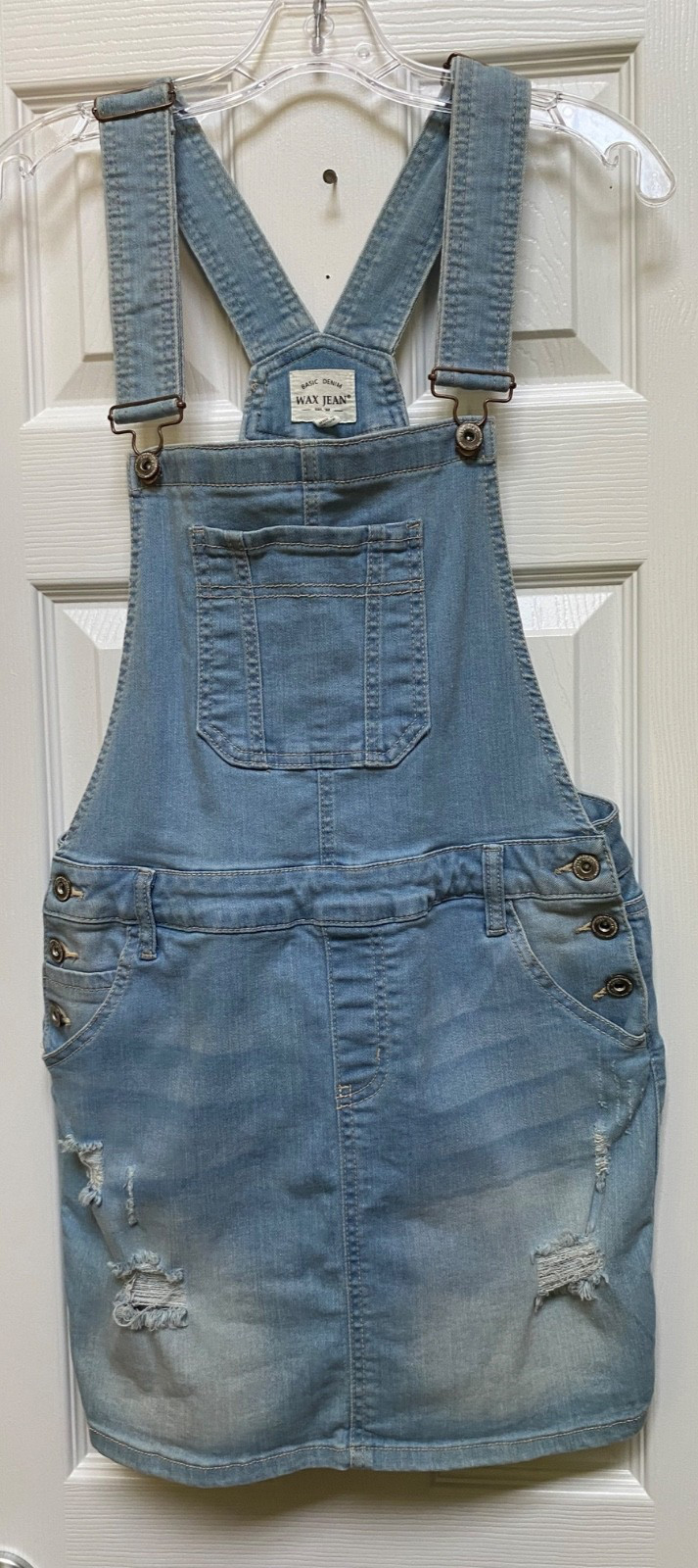 Wax Jean Distressed Denim Bib Overall Dress- Size L Women’s