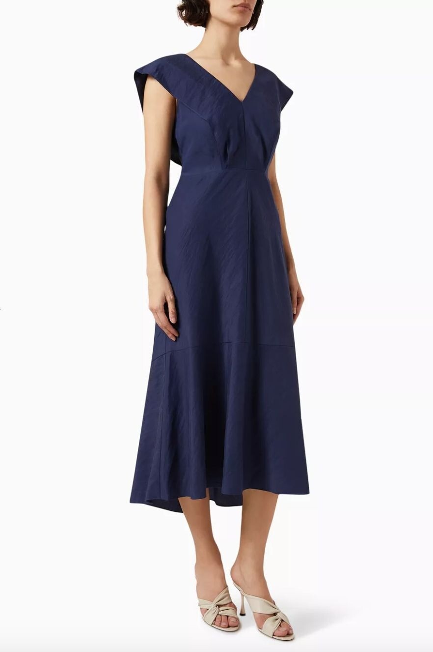 Vince V Neck Tie Back Flutter Sleeve Midi Dress Twilight Blue Womens Size XL