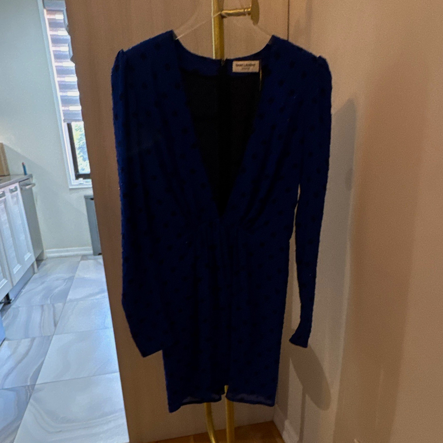 Saint Laurent Paris Silk Chiffon Polka Dot V-Neck Mini Dress 36 Blue/Black