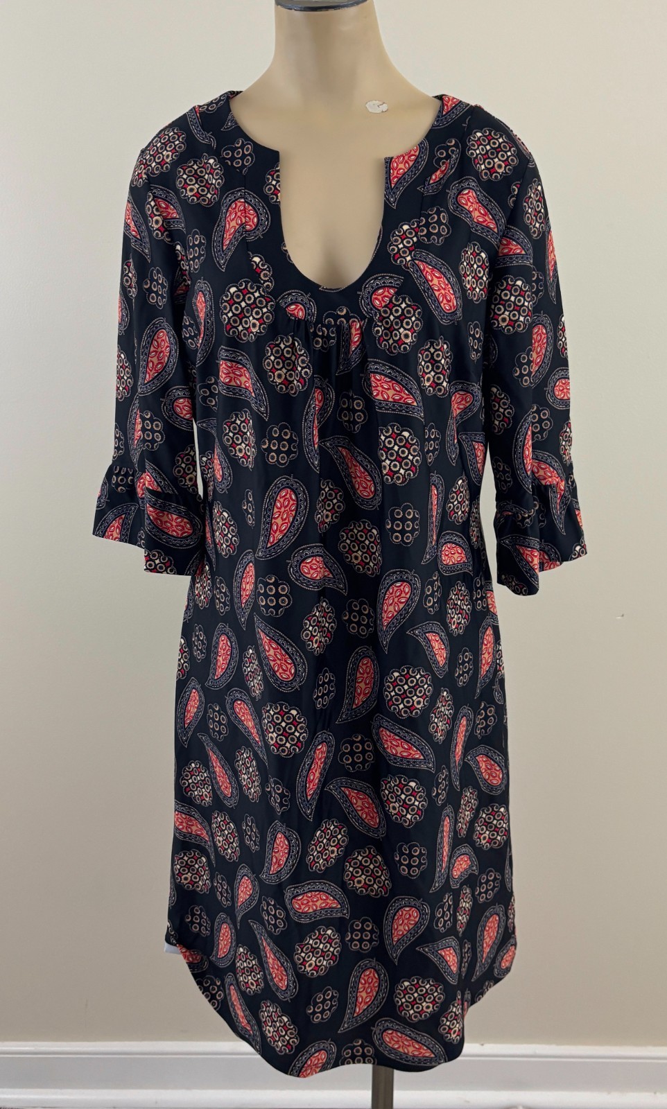 JUDE CONNALLY NANCY Sz Large Black Paisley Bell Sleeve U-Neck Jude Cloth Dress