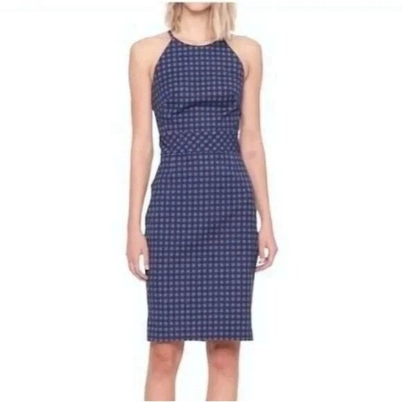 BANANA REPUBLIC 0 Petite Bi Stretch Blue Gingham Sheath Dress 0 Casual