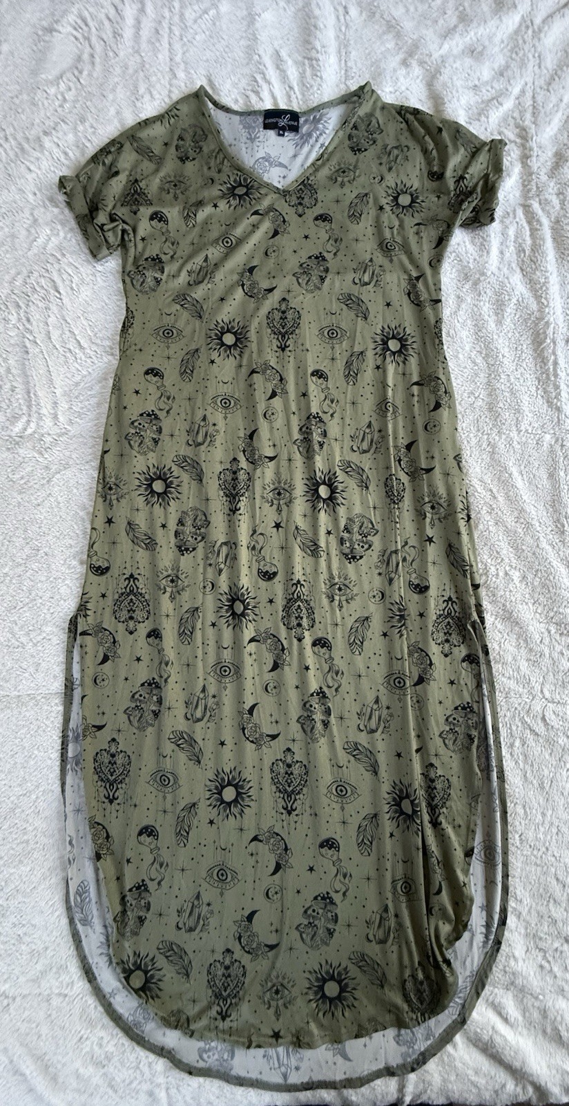 Women’s Olive Green Maxi Dress Side Slit V Neck Short Sleeve XL Witch Tattoo