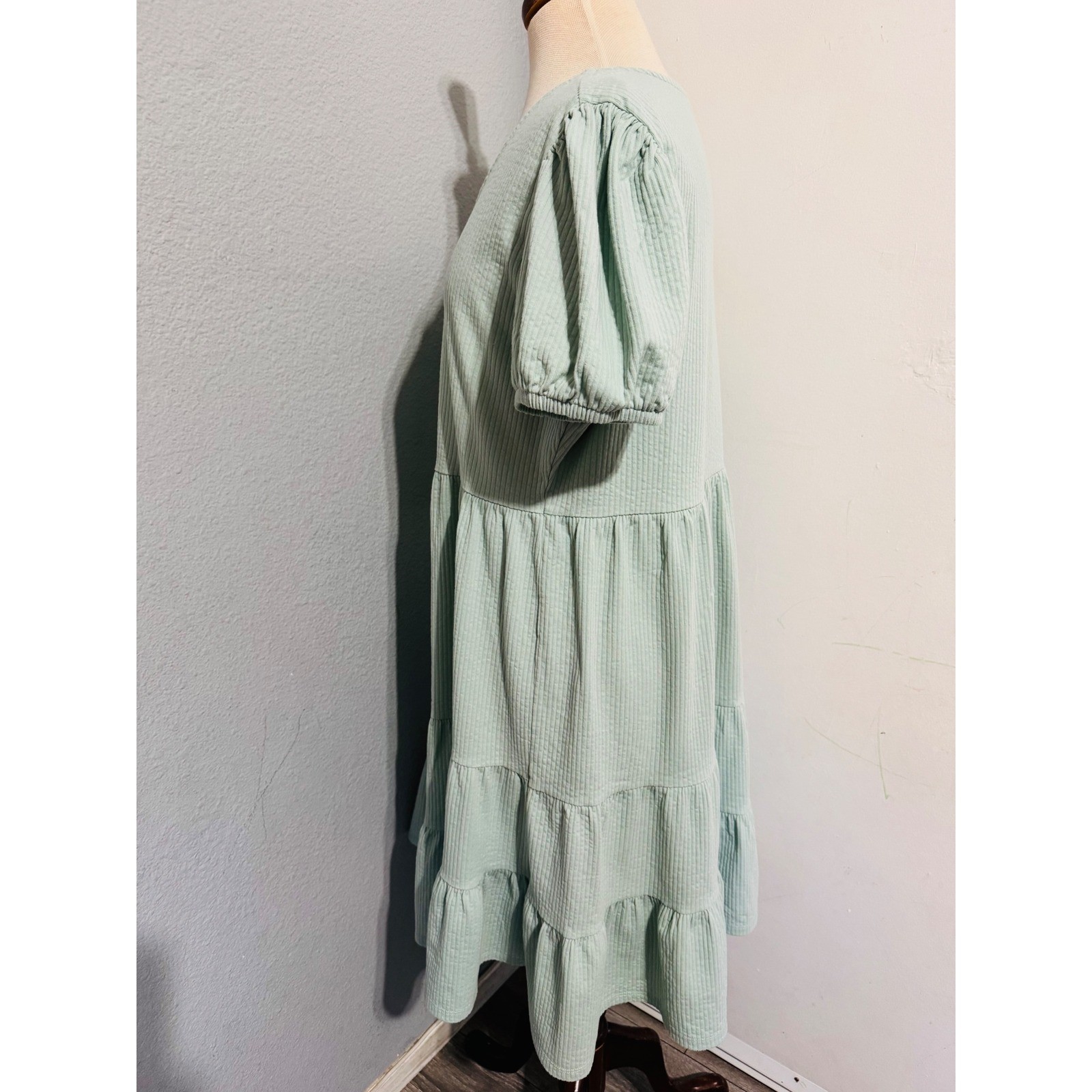 Downeast Cotton Blend Dress Size L Sage Green Ribbed Tiered Babydoll Mini Dress