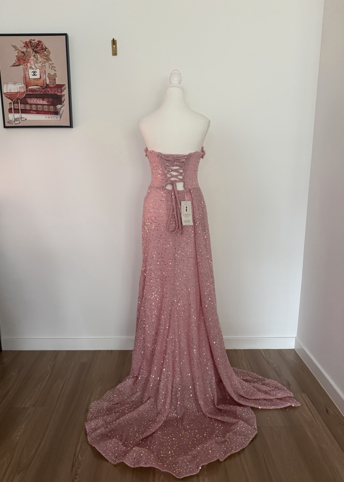 Pink Solid Sequin Long Gown Sweetheart Lace Up Train with transparent straps