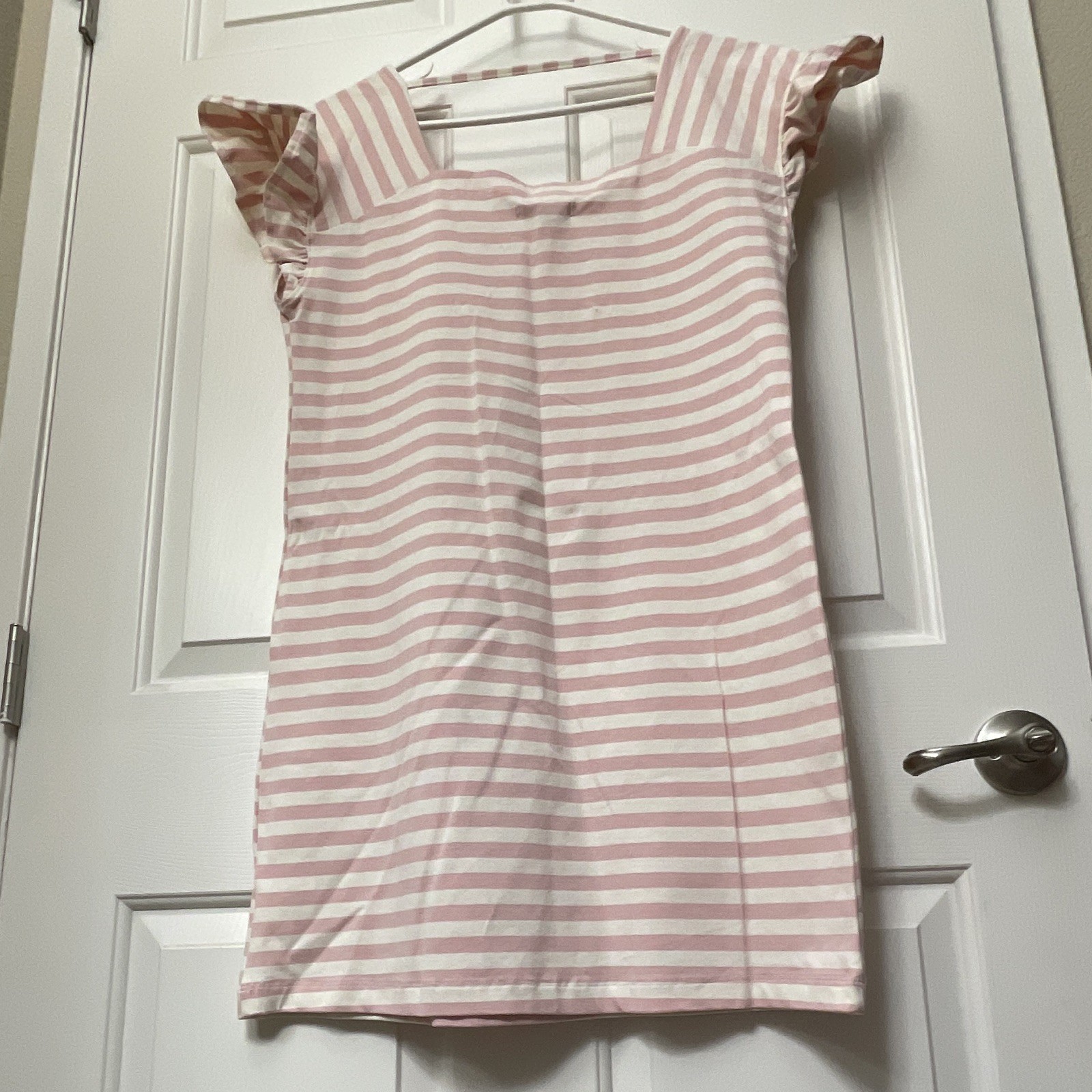 Free Assembly Pink/White Striped Square Neck Ruffle Shift Short Dress S