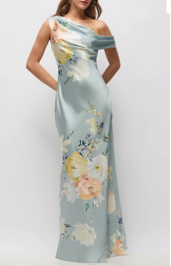 After Six Liv Print Satin,One-Shoulder Gown,M-A/sz10-12,mist-multi,newWithoutTag