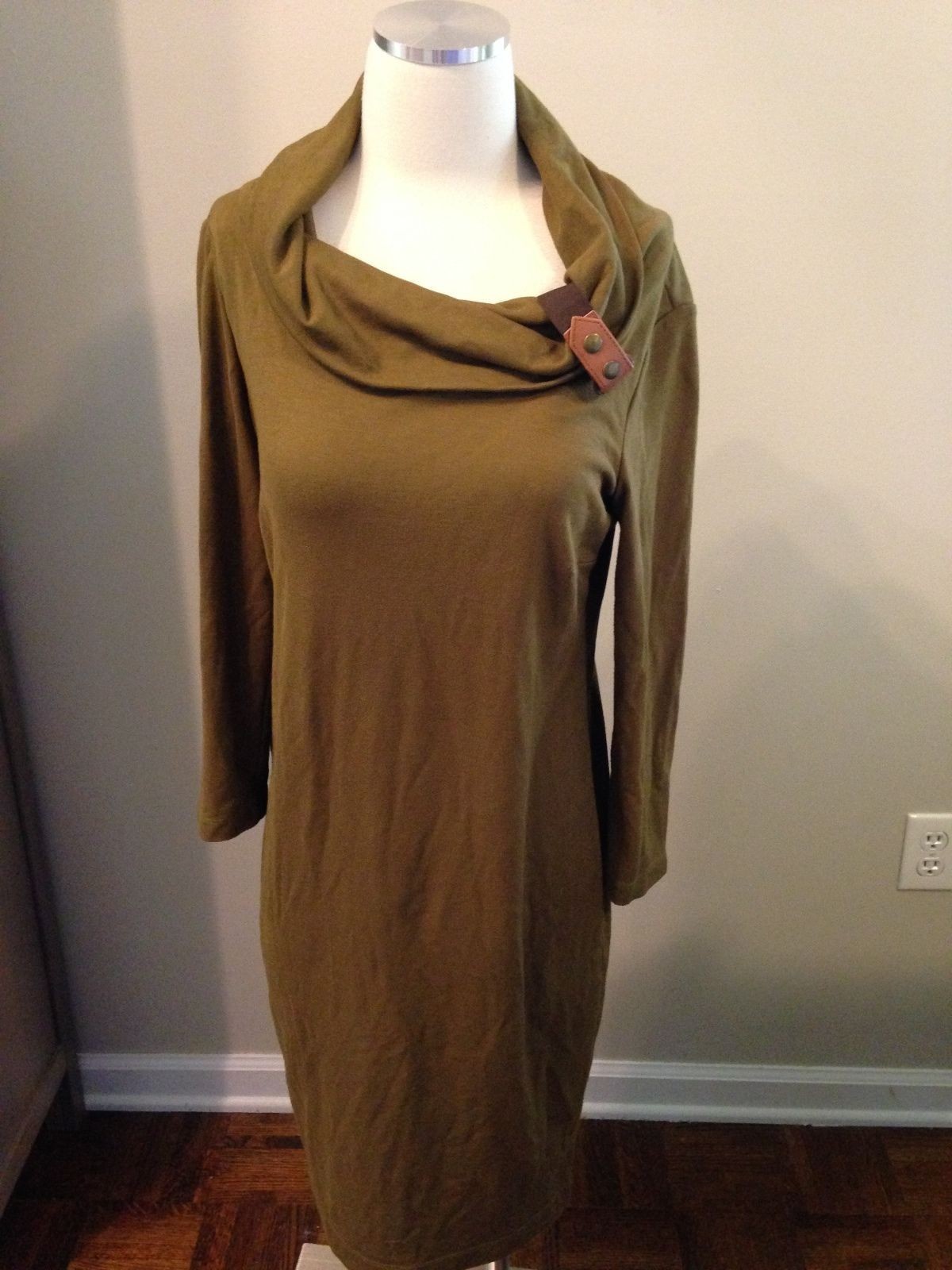 Muse Olive Green Buckle Cowl Neck Exposed Zipper Ponte Stretch Dress 12 EUC