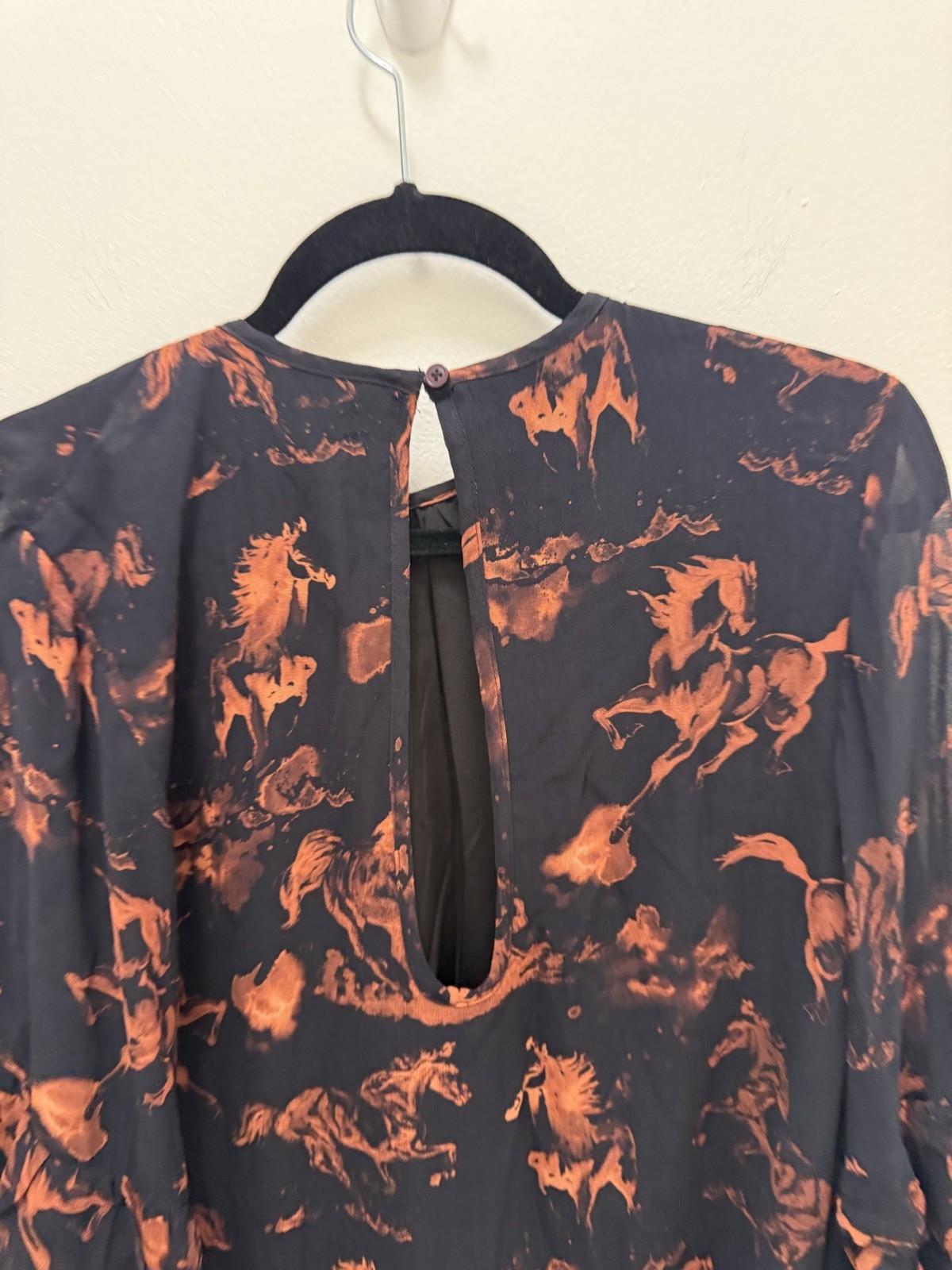 Nasty Gal Stallion Horse Print Ruffle Bell Sleeve Mini Dress Black Rust US 8