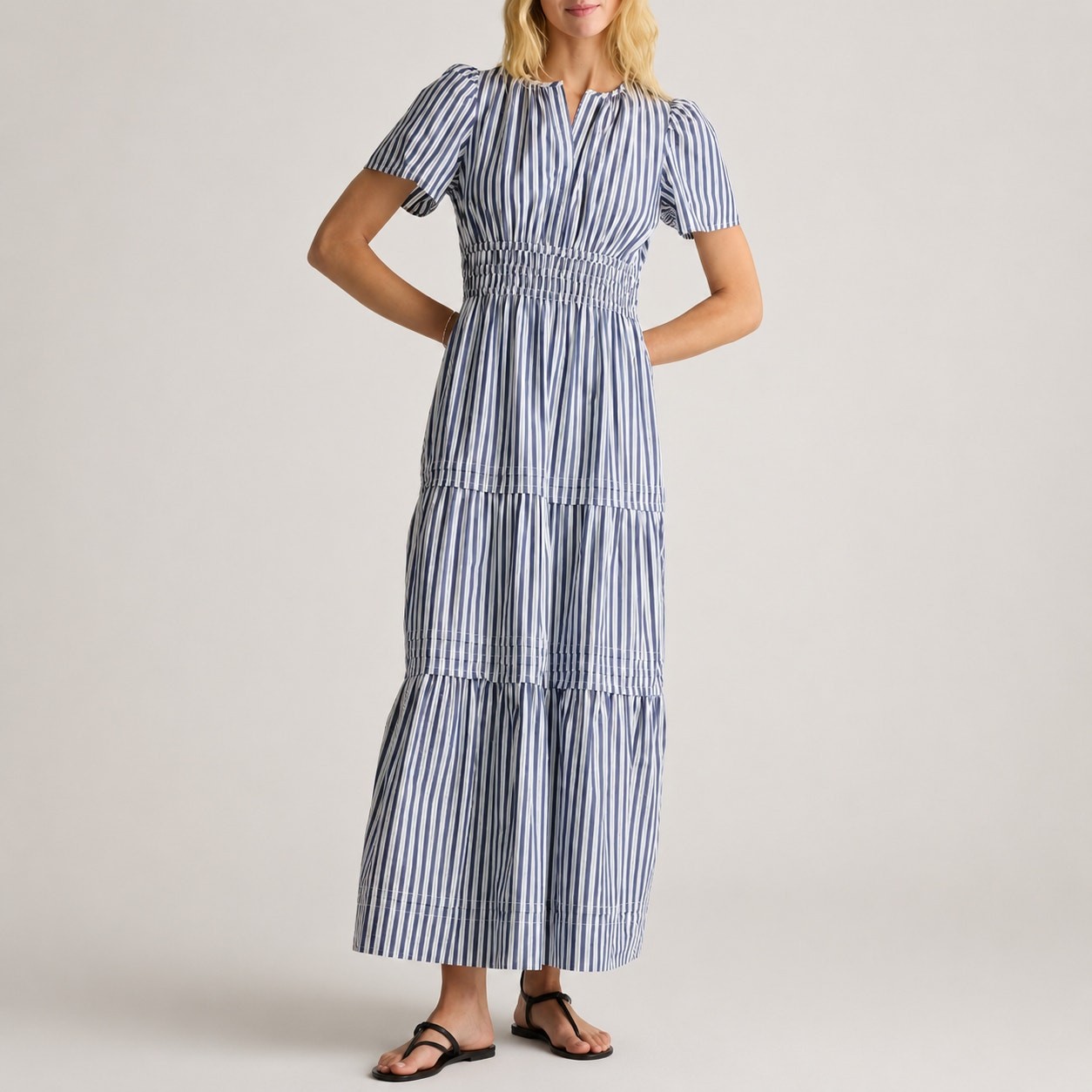 Quince Tiered Maxi Dress Womens M Navy White Stripe Organic Cotton Smocked Waist