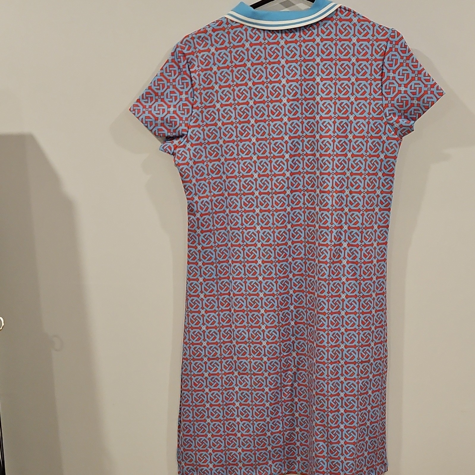 J.McLaughlin Blue/Red Geometric Collared Zip Shift Knee Dress L