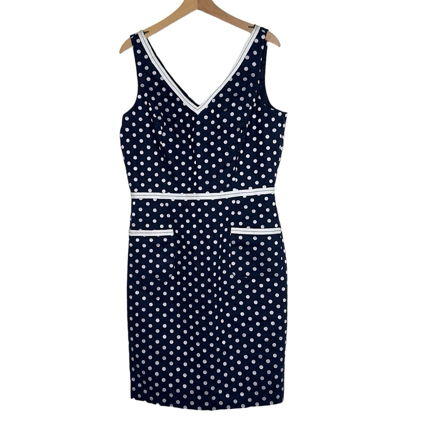 Muse Polka Dot Sheath Dress 14 Navy Blue V-Neck Sleeveless Pockets Retro Slit