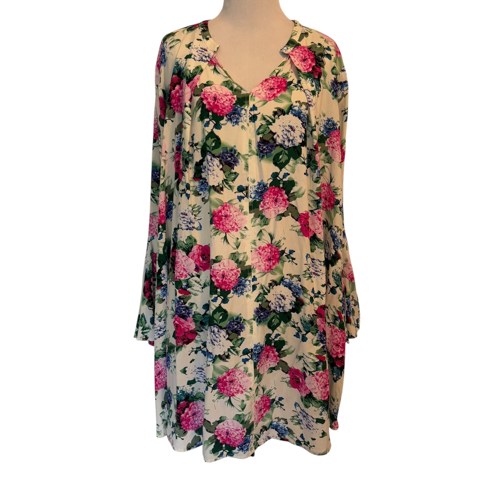 Umgee Babydoll Swing Tunic Dress Womens Medium Ivory Pink Blue Floral Boho