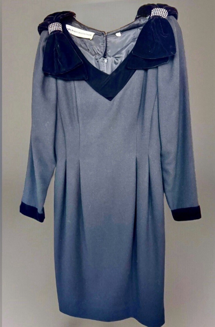Vintage Nipon Boutique Black Wool Dress Velvet Shoulder Bows Rhinestone Accent 8