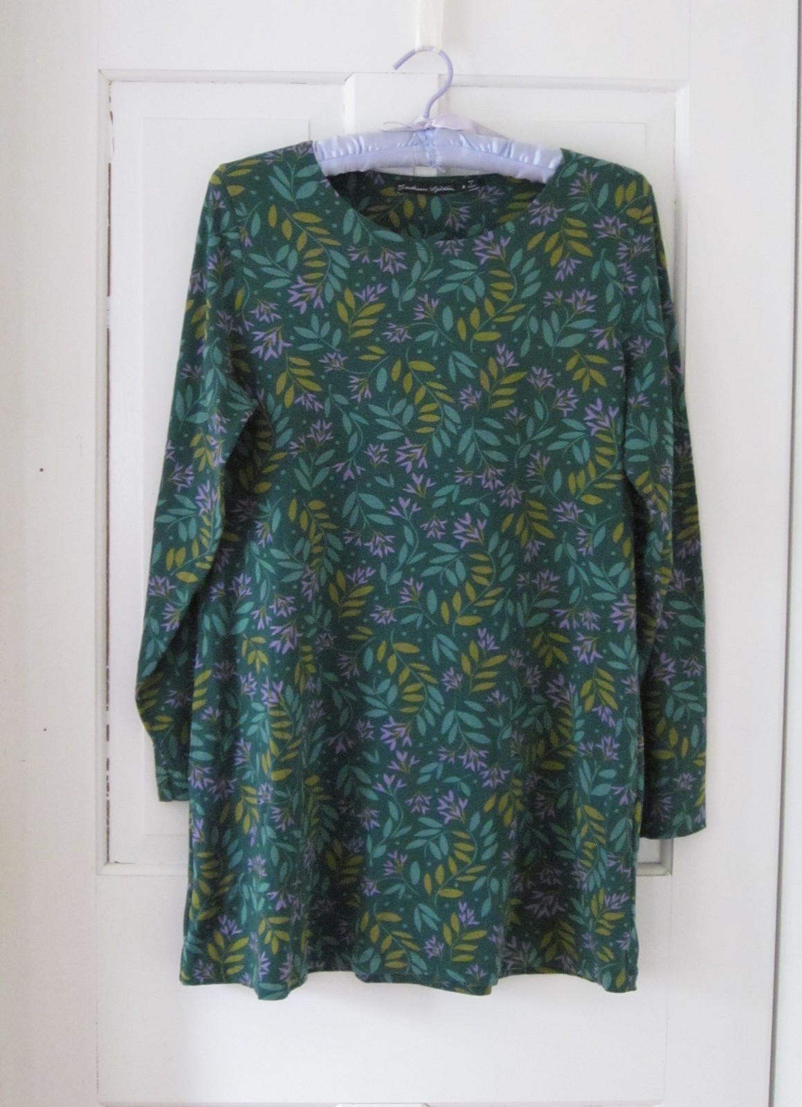 Gudrun Sjoden Leaf Tunic Dress Greens Lavender Organic Cotton Size M Lagenlook