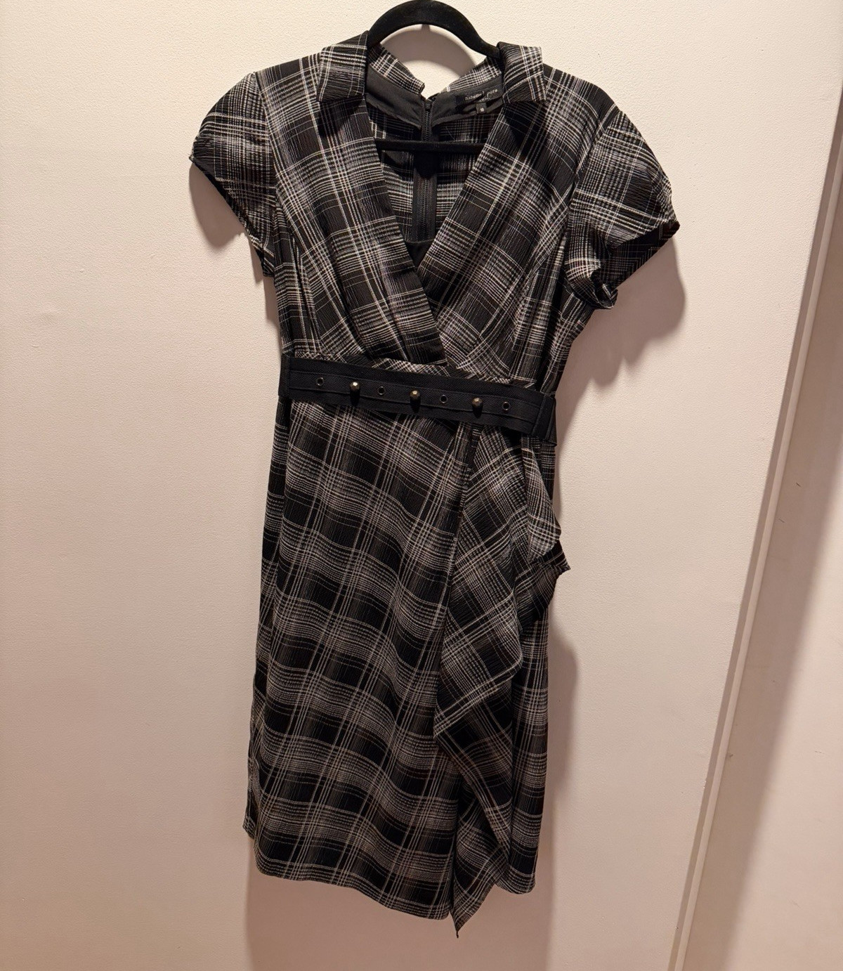Nanette Lepore Plaid Sheath Dress Faux Wrap Belted Women’s Size 10