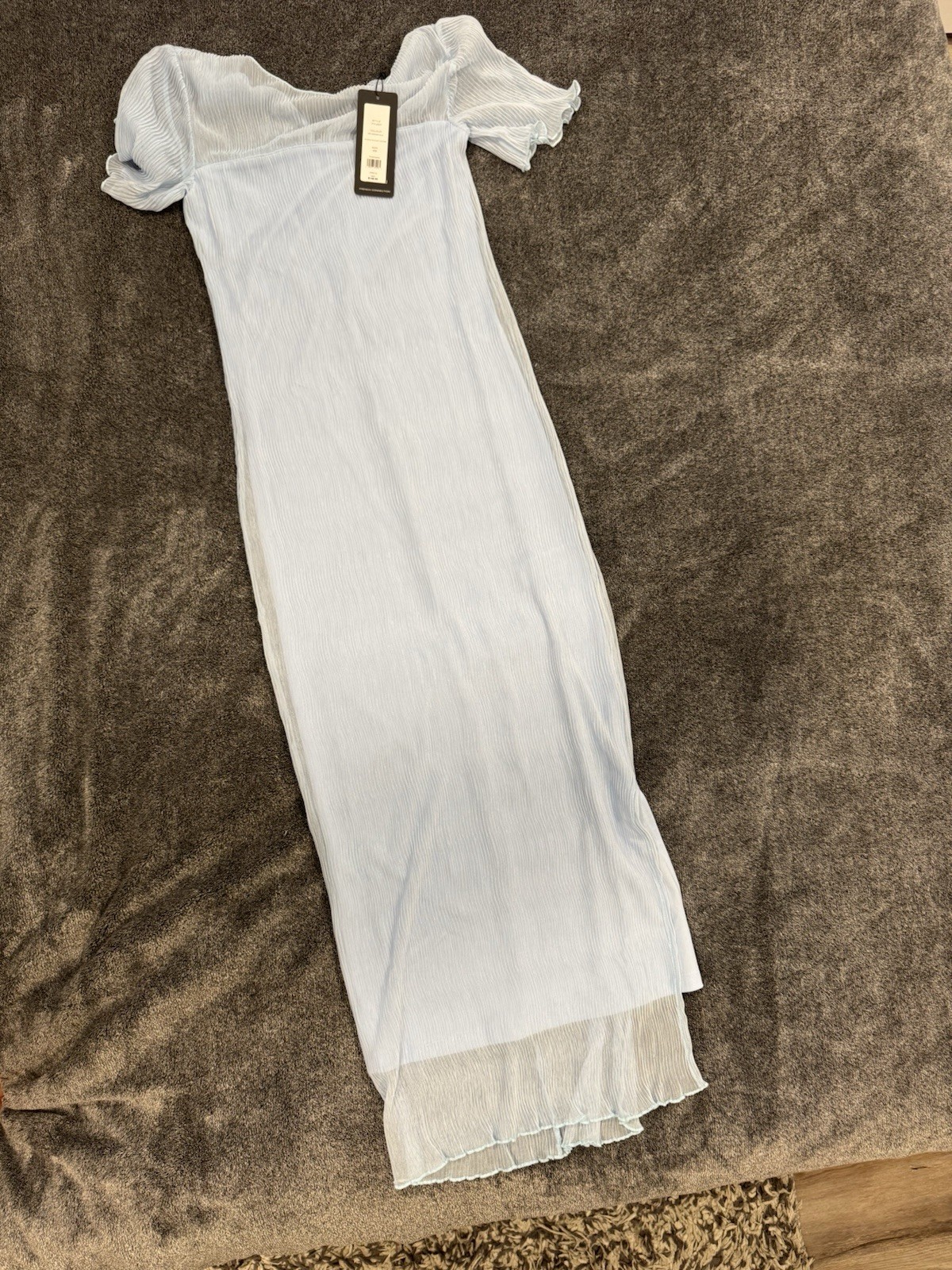 French Connection Saskia Ruched Blue Mesh Sheer Maxi Dress XS Crew Neck Zip