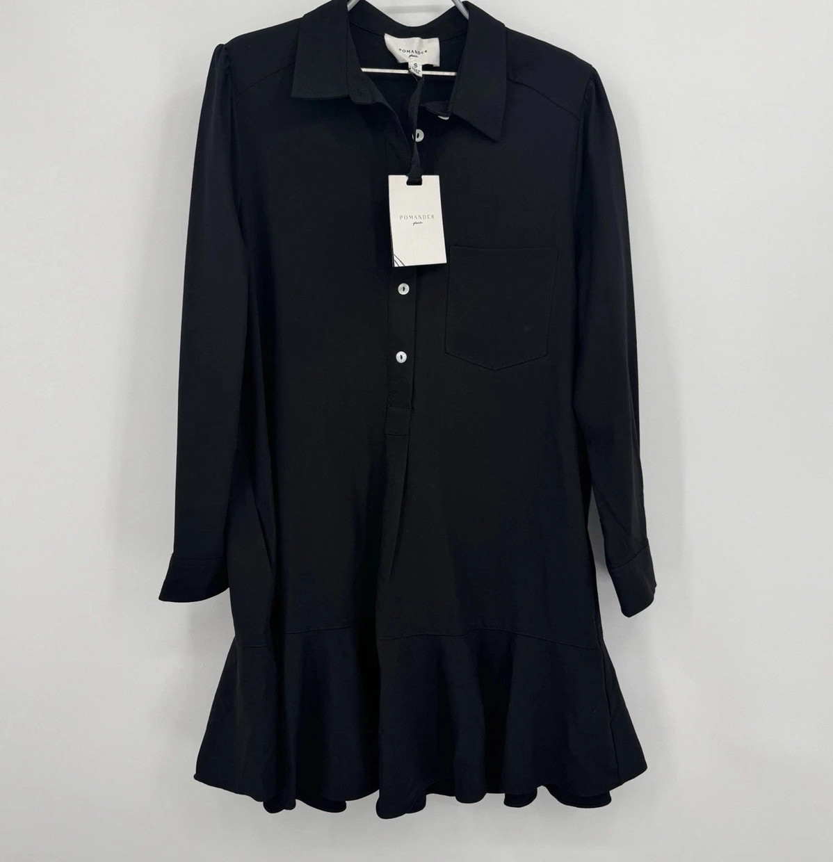 Pomander Place By Tuckernuck Black Crepe Callahan Shirt Dress size S Ruffle Hem