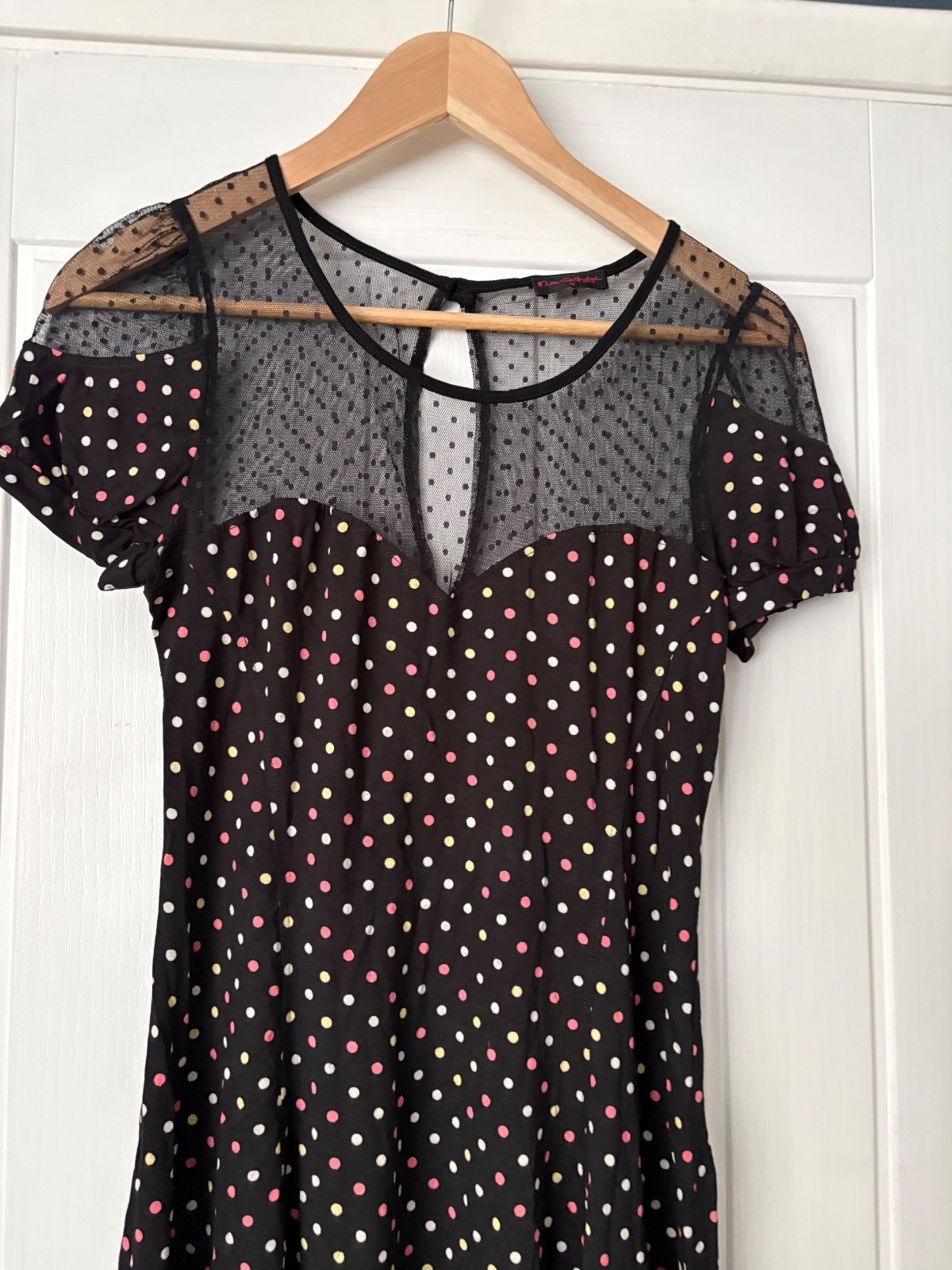 Miss Selfridge Black & Multicoloured Polka Dot Mesh Overlay Dress, UK 10