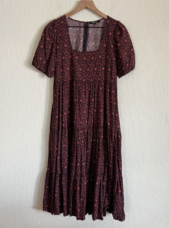 Madewell Aidy Square Neck Tiered Midi Dress Short Sleeve Floral Print Size 4