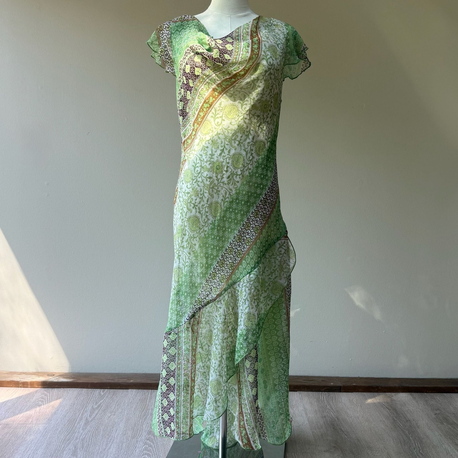 Vintage B. Smart Y2K Green Paisley Floral Flutter Sleeve Midi Dress