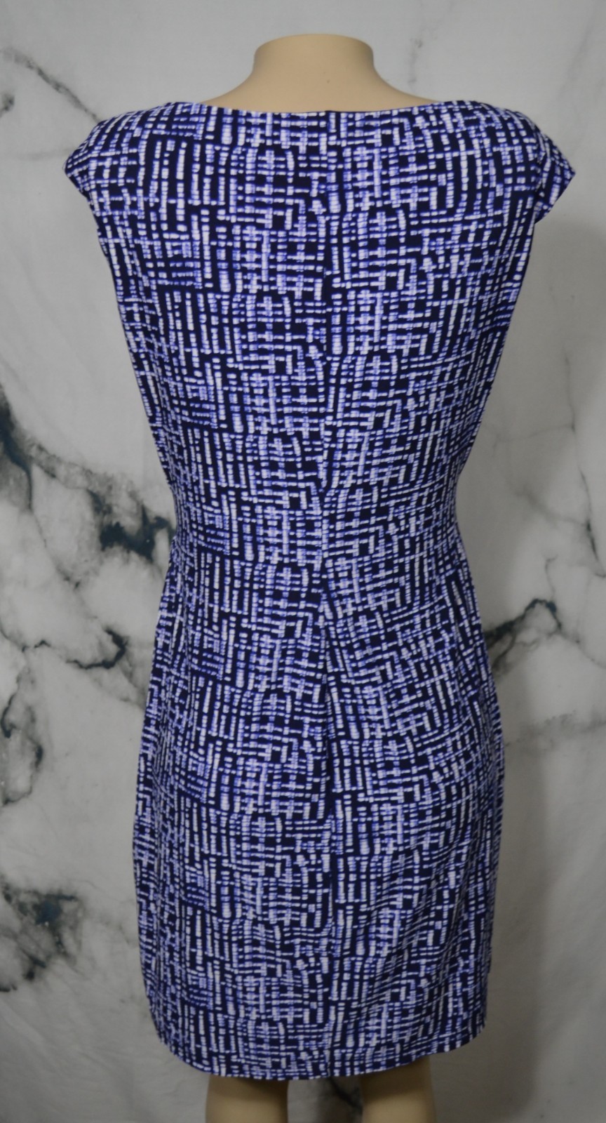 CHAPS Black Blue White Patterned Dress Large Slight Cap Sleeve Twist Waist