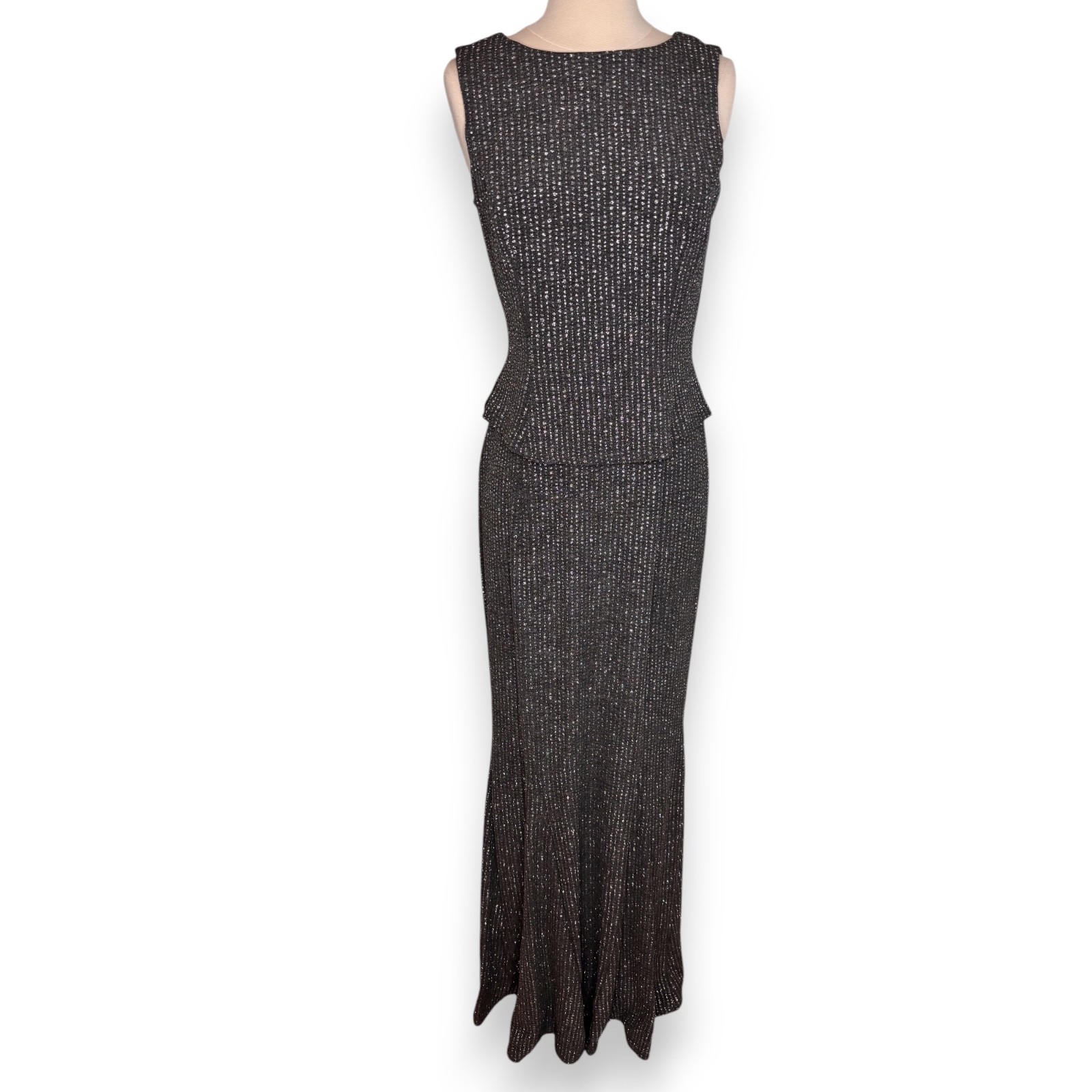 Scott McClintock Millennium 2000 Gray Silver Sparkle Peplum Flare Bottom Dress 6