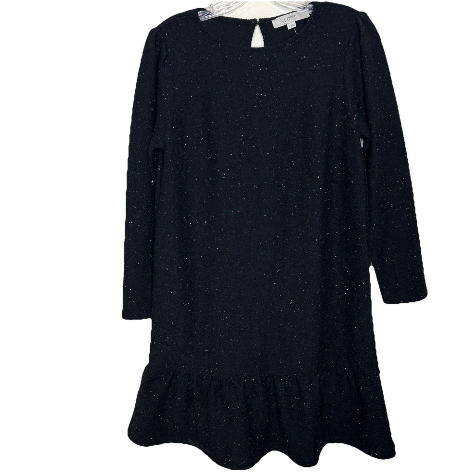 Loft Black Dress with Mulitcolor Specks Size S Textured Fabric Ruffle Hem Flaw