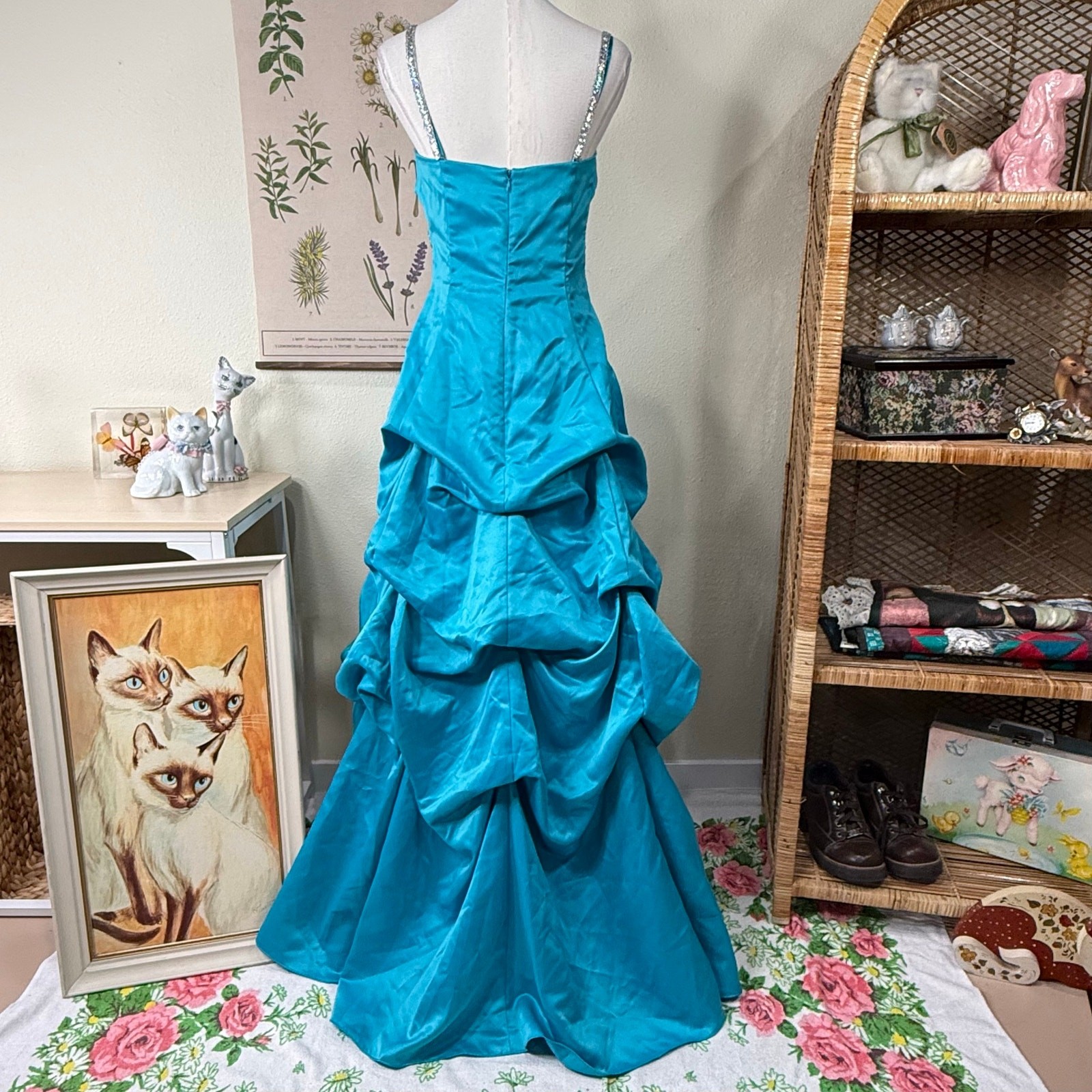 90s Y2k Satin Beaded Sequin Floral Ruched Formal Prom Dress Fairy Whimsy Glam XS