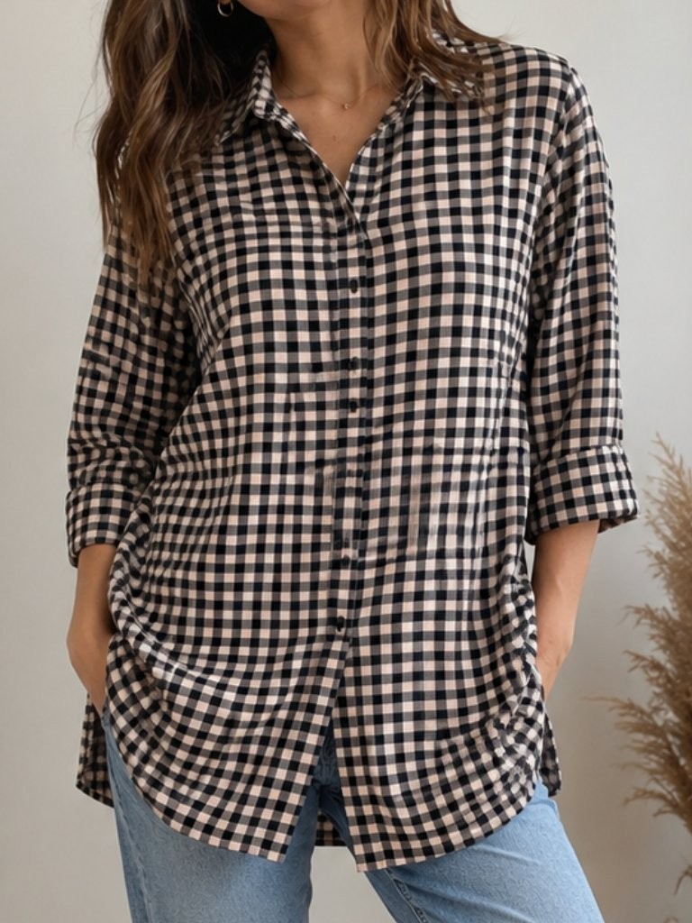 H&M Women’s Gingham Button-Up Shirt Size 8 (US) Pink & Black 3/4 Sleeve Casual