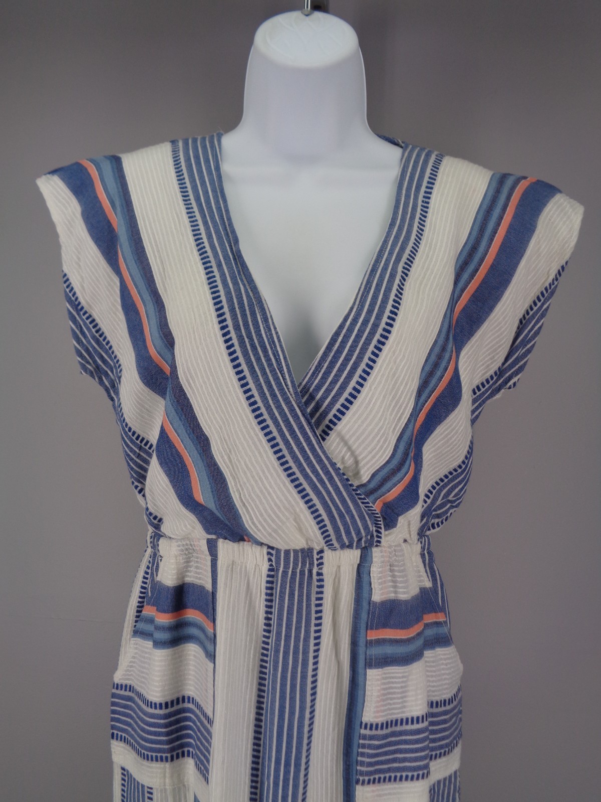 THML Stripe Pom Pom Tie Neck Dress Size Small White Blue Coral