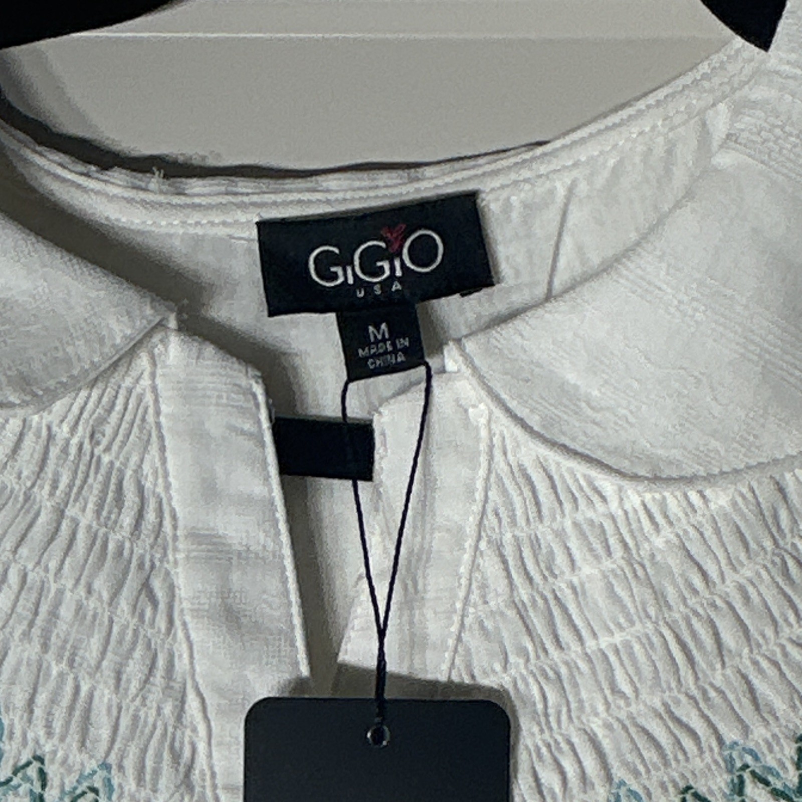 GiGiO Women’s White Collared Smocked Embroidered A-Line Dress Button Front M