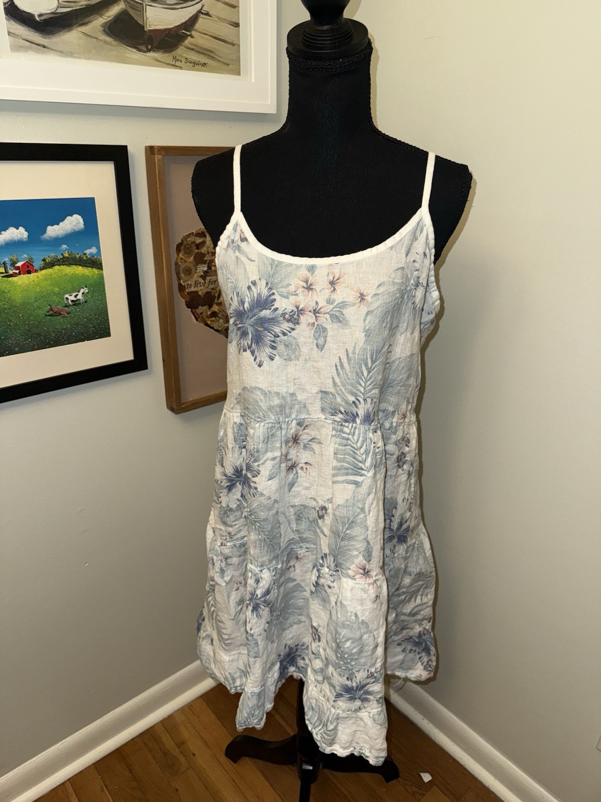 Valentina Naldi Womens Floral Sleeveless Dress Linen Blue White Tropical Small