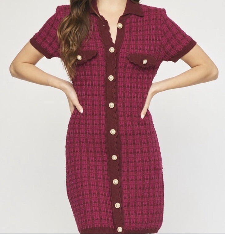 Entro Short-Sleeve Collared Maroon And Pink Button Down- Size S