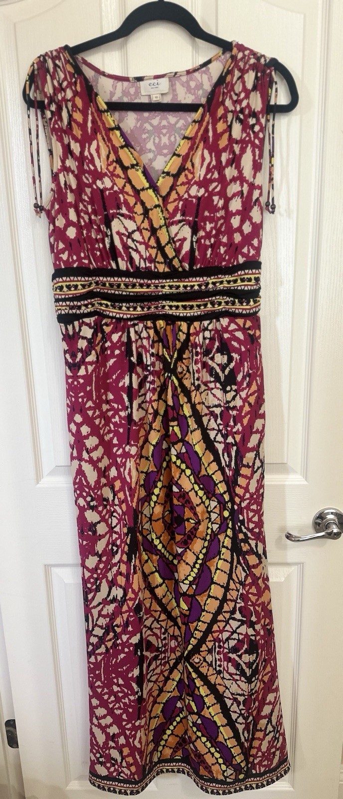 NWOT Women’s ECl Maxi Rouched Waist Pink Black Print Stretch Dress. Size 10.