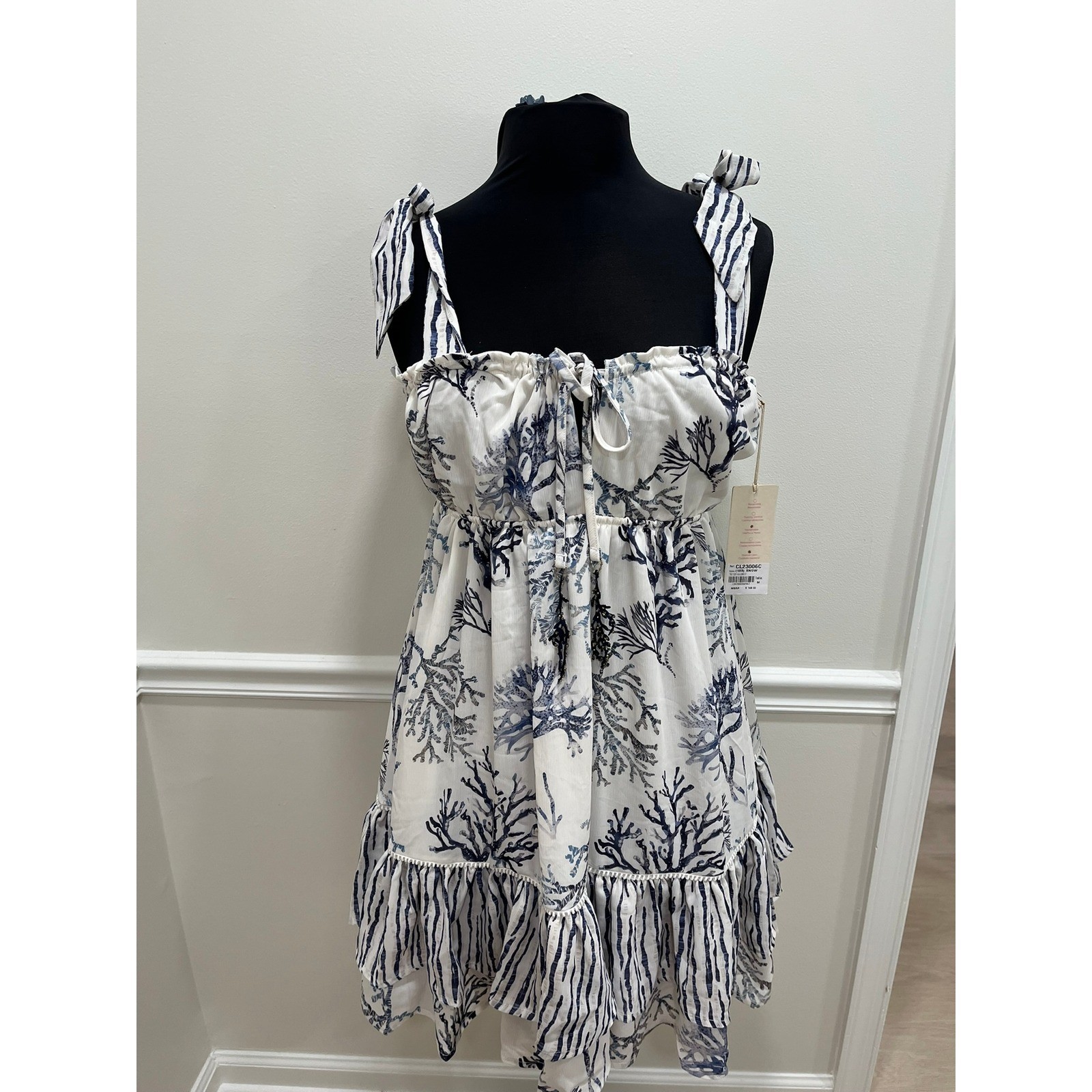 Cosita Linda Tie Top Mini Dress Snow Blue Coral Nautical Stripe Handmade NWT M