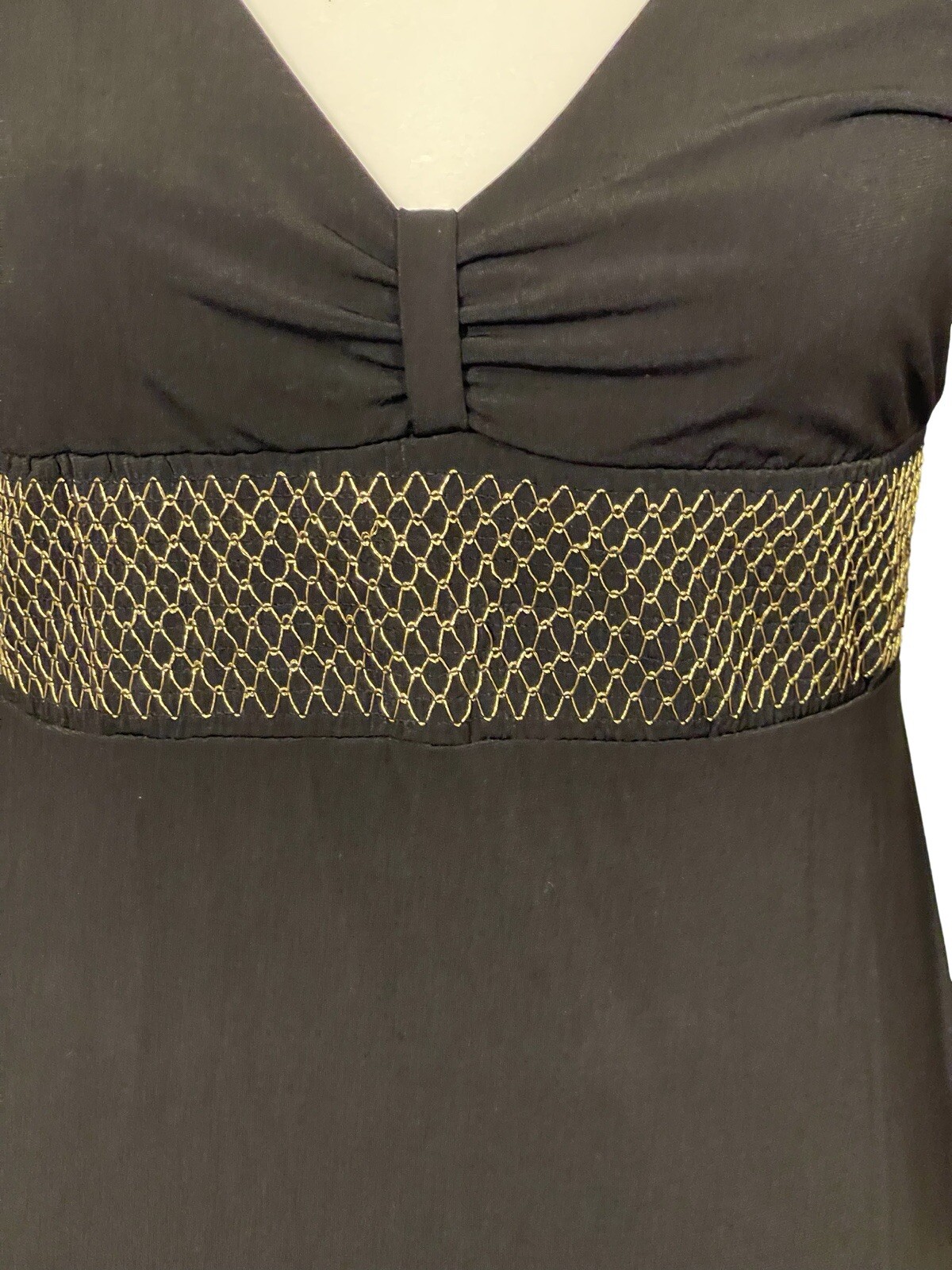 VERTIGO PARIS Black Dress Gold Mesh Empire Waist Shoulder Rings Women’s Size M
