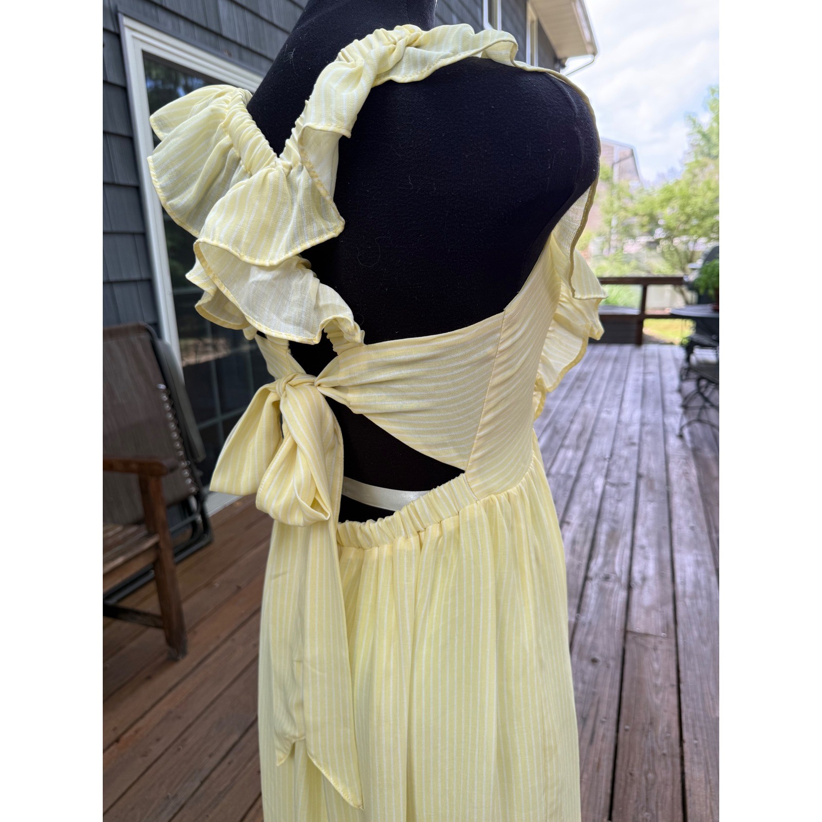 Yellow Pinstripe Ruffle Open Back Tie Midi Dress Cottagecore Sun Dress Medium