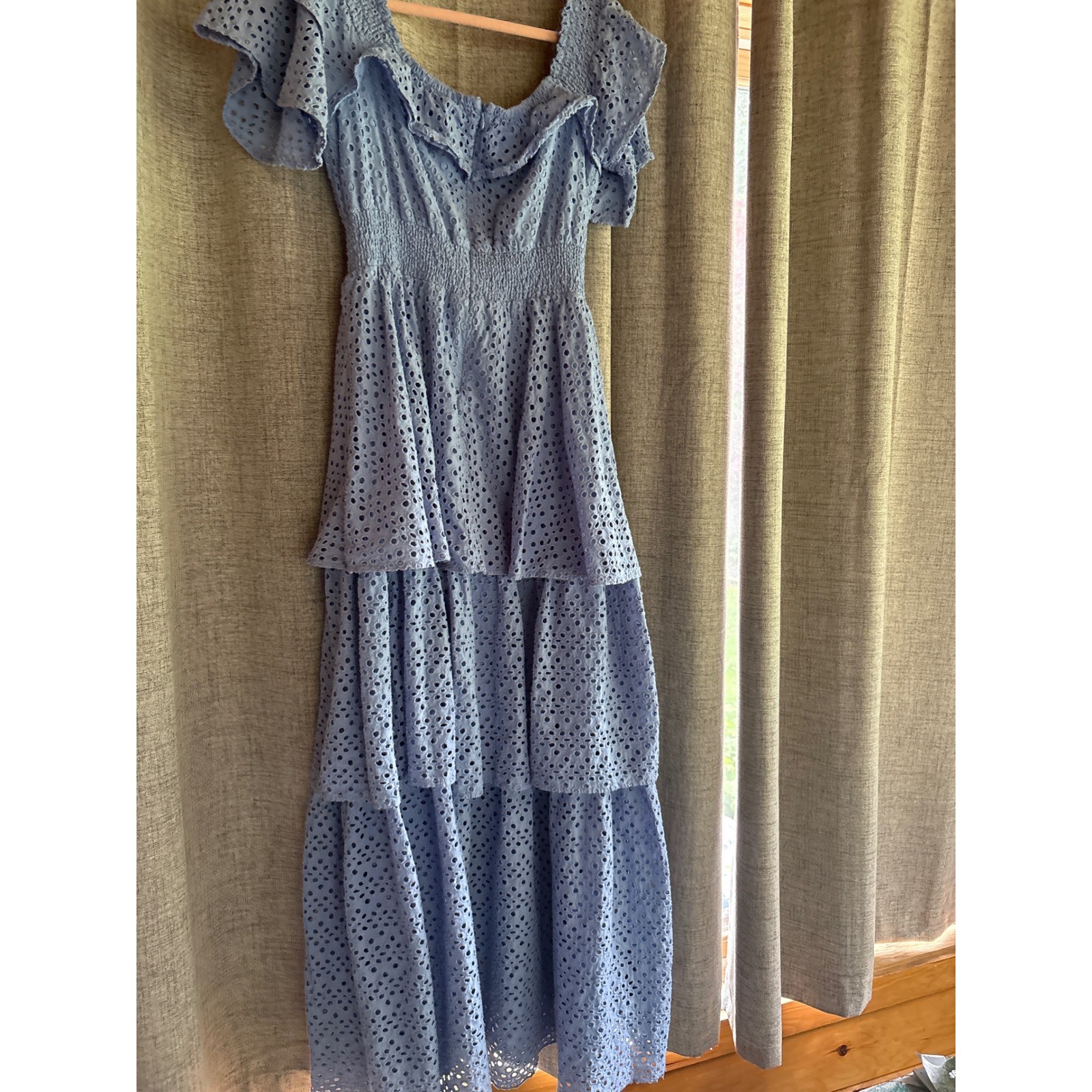 Kendall & Kylie Blue Eyelet Lace Maxi Dress Tiered Smocked Ruffle Flutter Sleeve