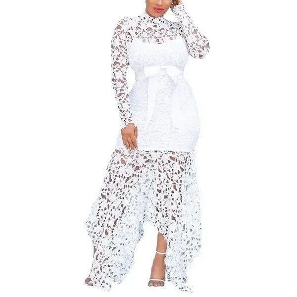 Plus Size Long Sleve Dress Stunning Stand Collar Lace Up Dress
