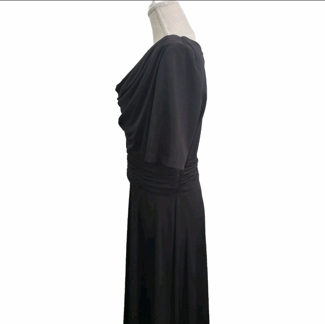 Laura Jeffries Black Drape Neck Dress Size 10 Ruched Waist Short Sleeve