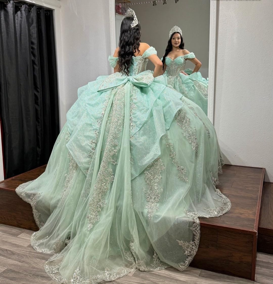 Sparkly Silver Sequin Appliques Quinceanera Dress with Bow Layered Tulle Dresses
