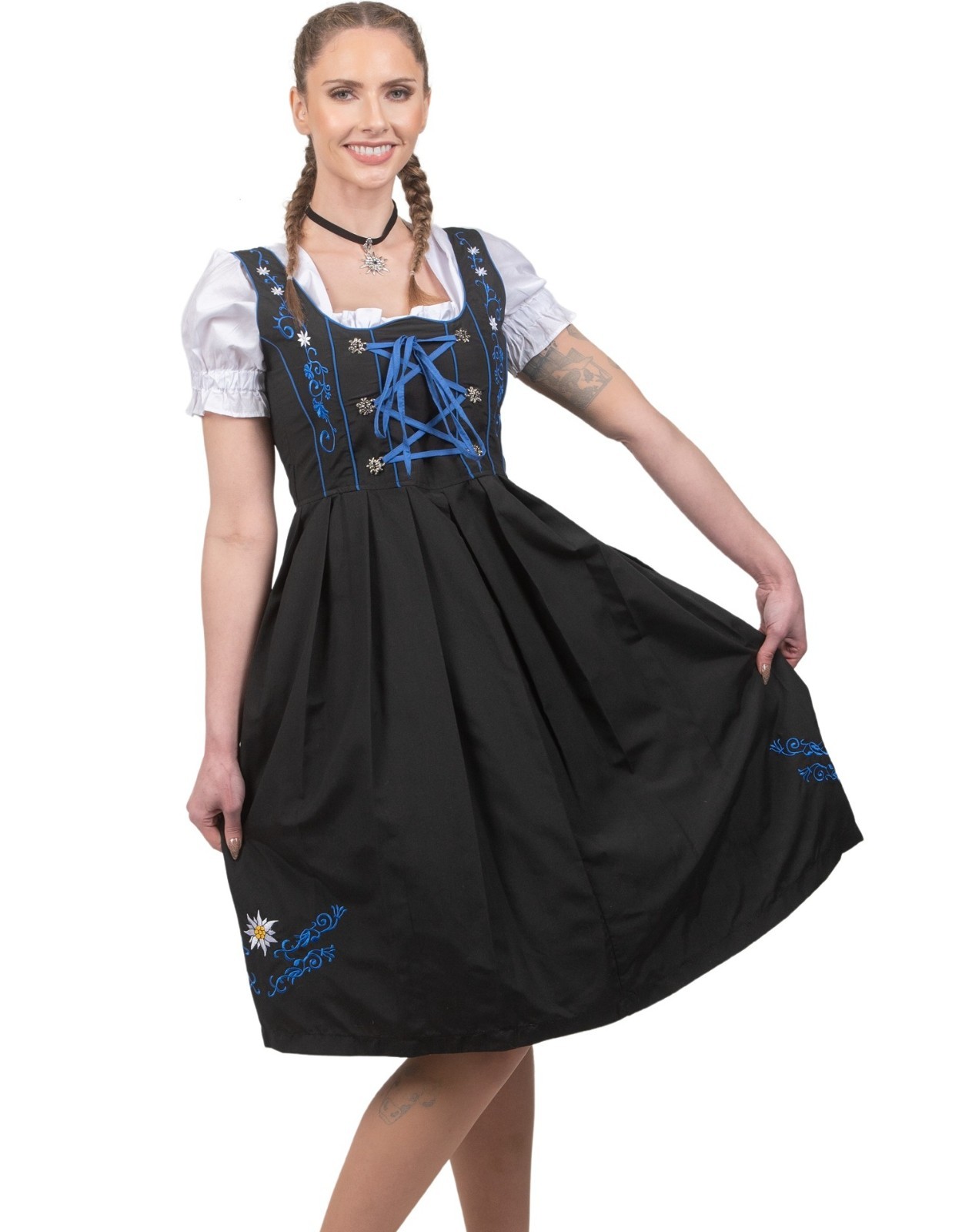 German Dirndl Long Blue Black Dress Oktoberfest 2XL 24 Waitress Party EMBROIDERY