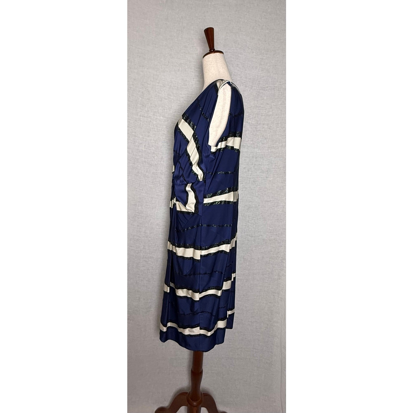 ESCADA Navy Blue White Metallic Striped Ruched Draped Faux Wrap DressSize 46