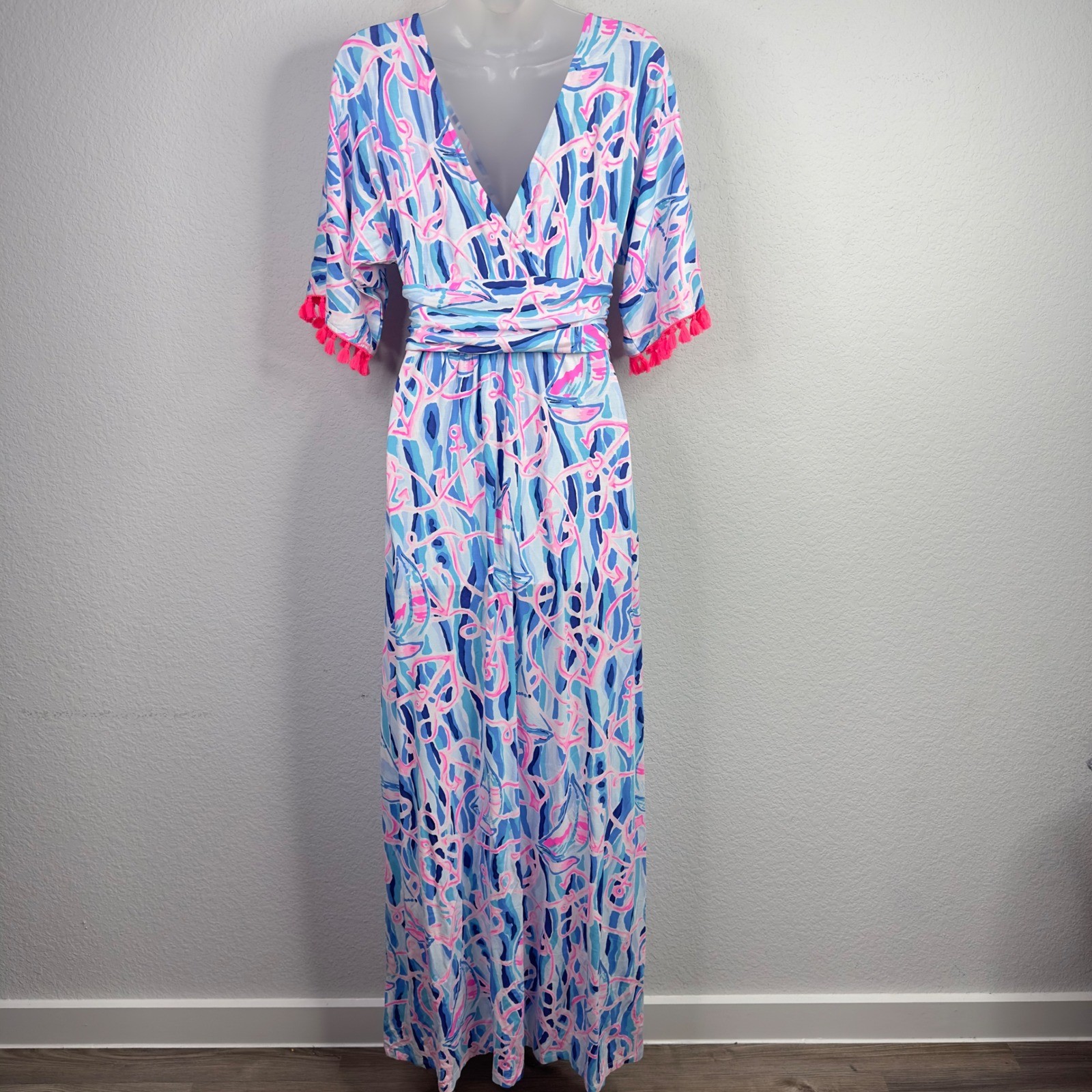 Lilly Pulitzer Parigi Maxi Dress Womens S Blue Pink Reel Nautical Tassel Coastal