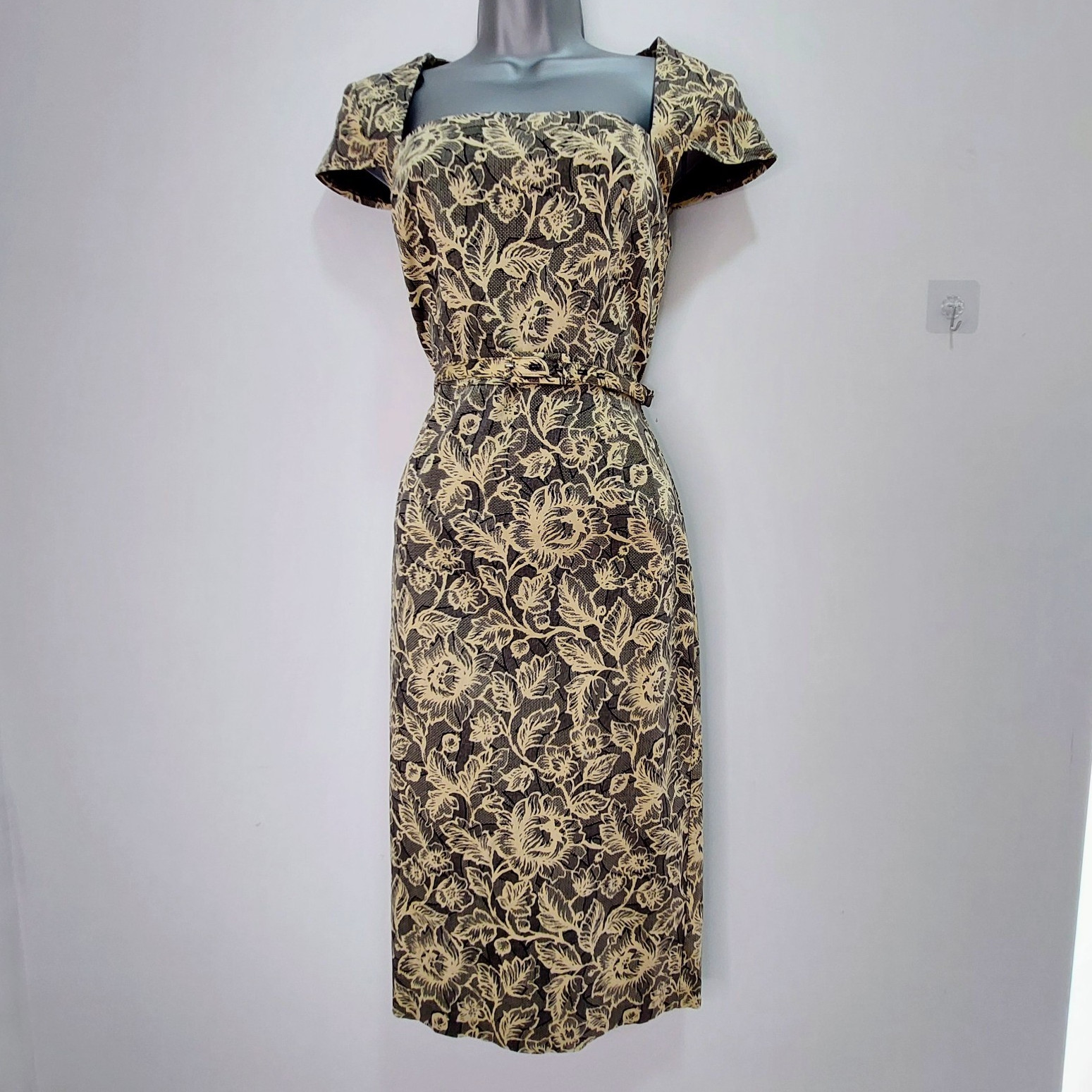 Wallis Ladies UK 12 Beige Black Leaf Print Square Neck Midi Dress Belted Cotton