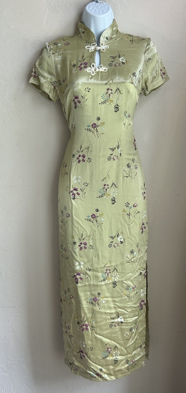 Vintage Saifan Canada Cheongsam Dress Y2K 90s Green Satin Maxi Fairy Grunge S