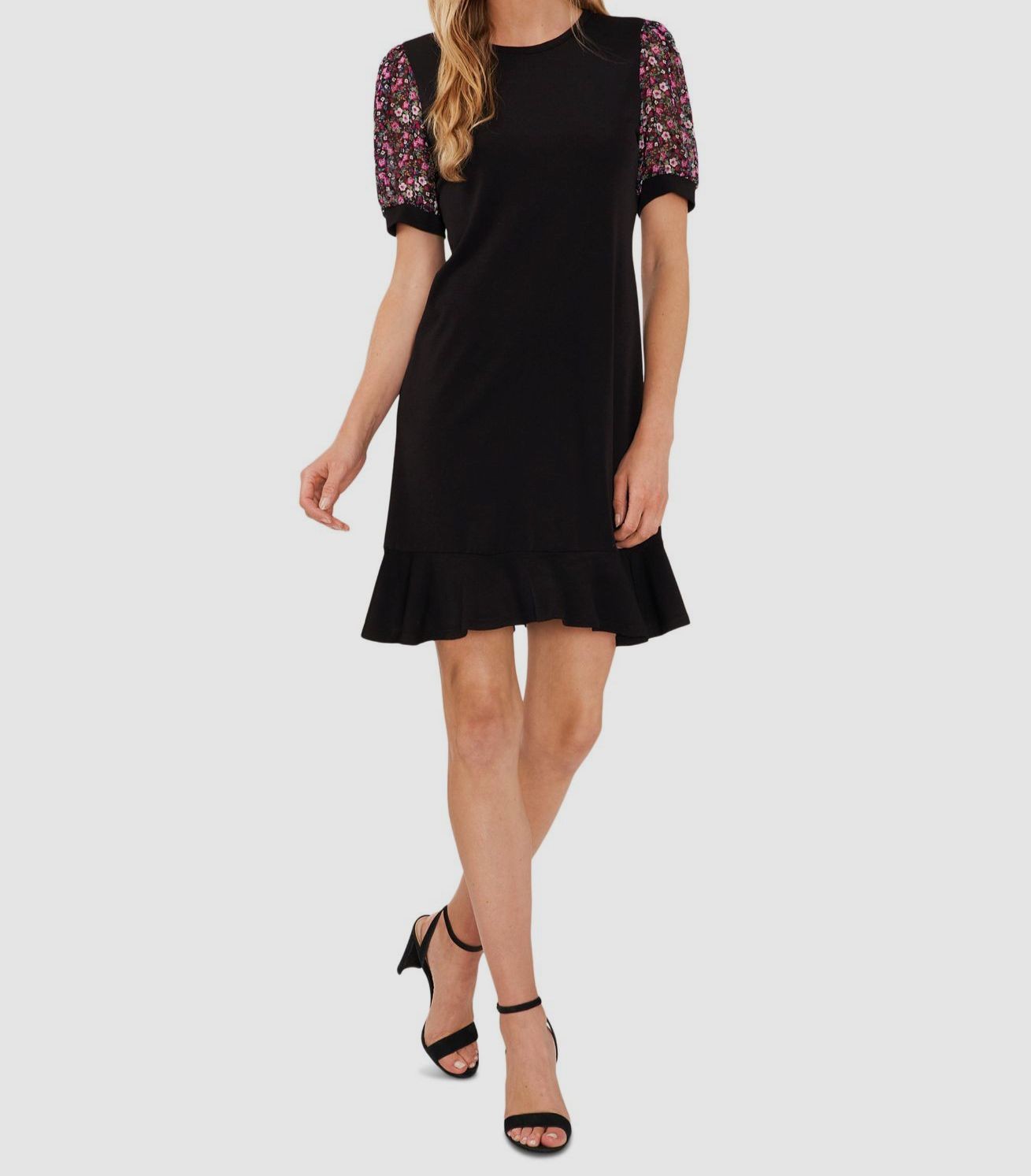 CeCe Women’s Black Mixed-Media Round Neck Puff Sleeve Dress Size XL