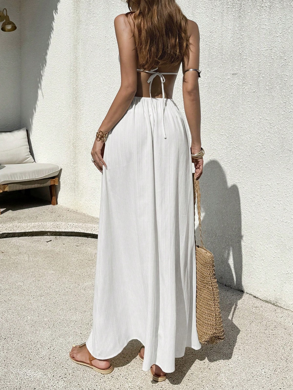 Elegant Apricot A Line Halter Neck Dress